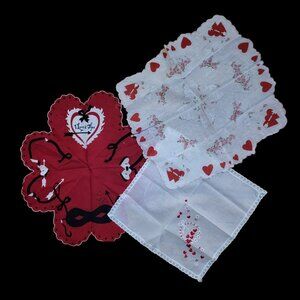 3 Vtg Hankies Handkerchiefs Valentine's Day Red & White Hearts
